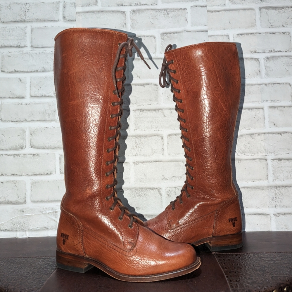 Vntg Frye Vienna Tall Brown Genuine Leather Lace Up Knee High Vintage Zip Boots - Picture 5 of 15